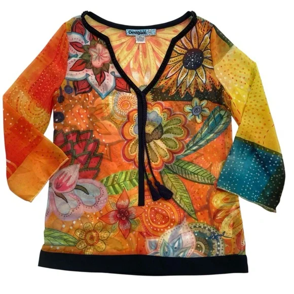 Desigual sheer festive top 3/4 sleeves floral Pom Pom V neckline orange yellow - Picture 3 of 16